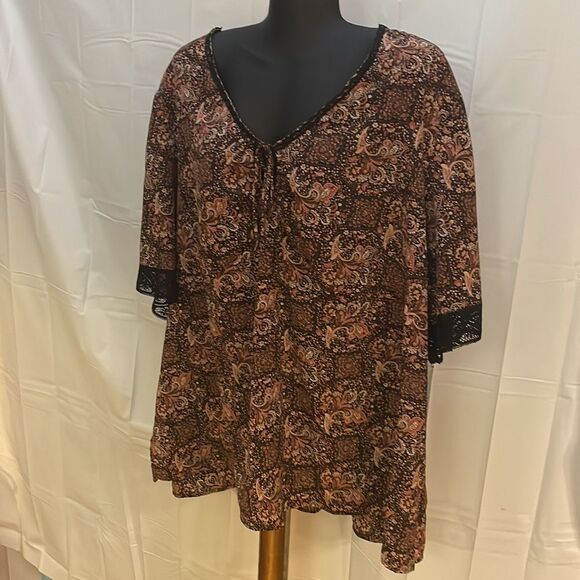 Size 26/28 Venezia Jeans short ruffle sleeve v-neck floral print brown tunic top - Picture 7 of 16